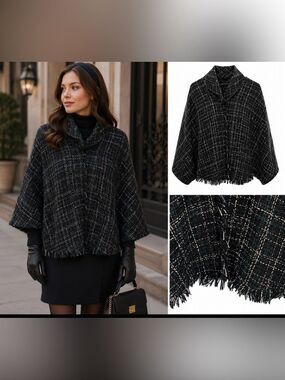 ZARA Woman Tweed Fringe Poncho Cape Jacket Green Black Plaid Collegiate Mediumm